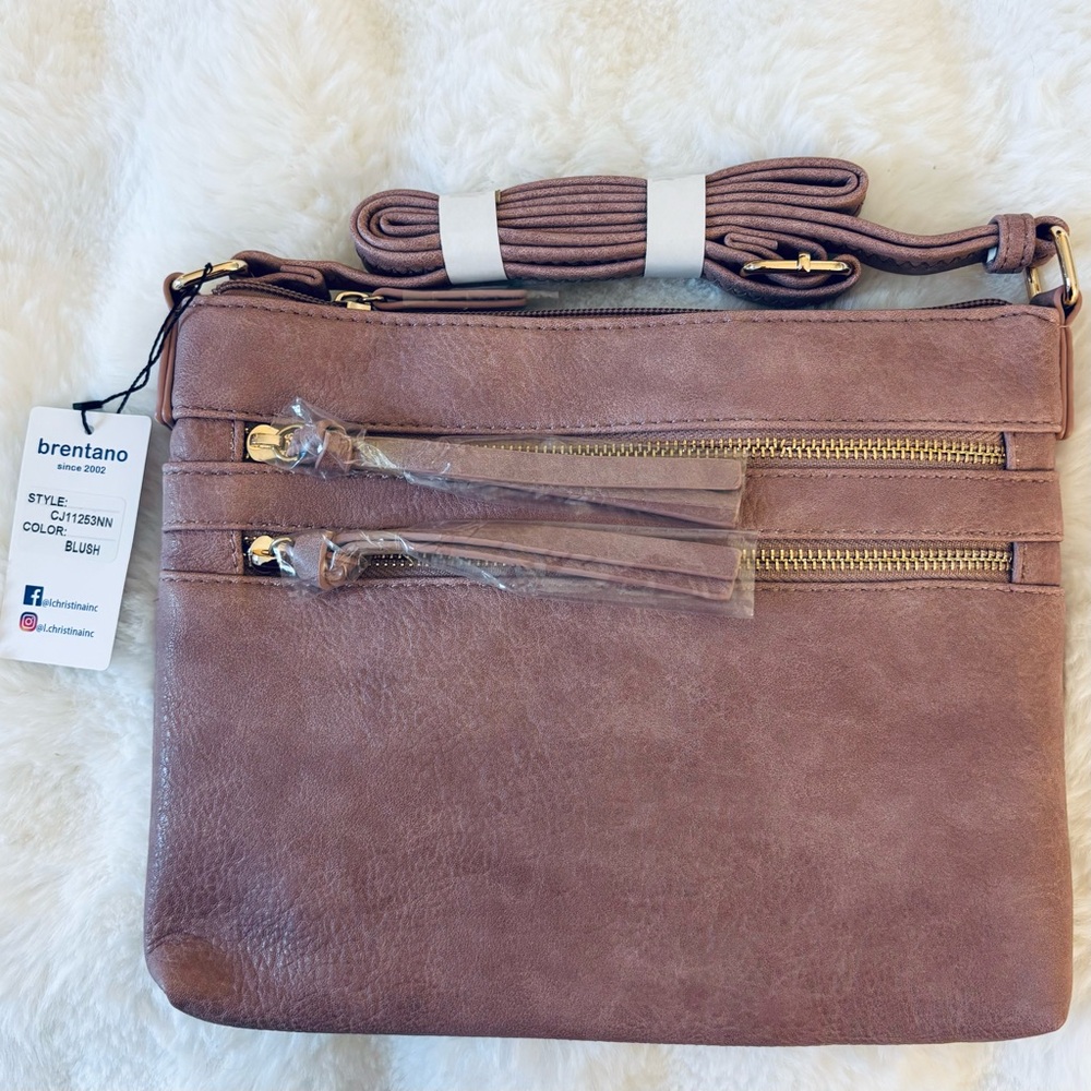 B BRENTANO Crossbody Handbag Vegan Mini Multi-Zipper Purse Tassel Accents Blush